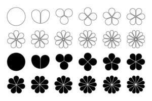 Set of flower diagrams with petals. Pie chart divided on equal segments in leaf shapes isolated on white background. Floral layouts for data presentation. graphic illustration vector