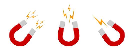 Set of red horseshoe magnets with lightning flashes isolated on white background. Magnetic power, attraction or influence concept. flat illustration vector