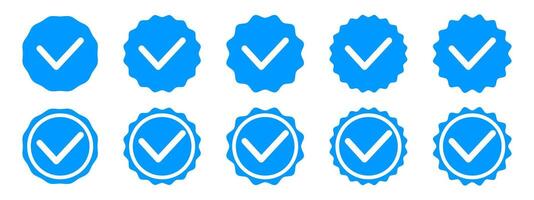 Set of tick icons. Checkmark tags. Approved signs in round wavy shapes. Done buttons. Best choice, original, quality or verification symbols isolated on white background. flat illustration vector