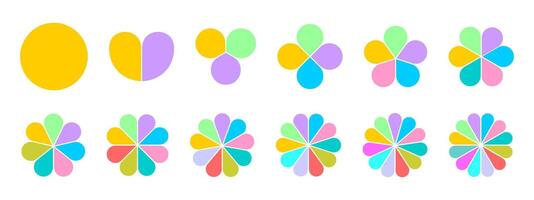 Set of flower diagrams divided on equal sections from 1 to 12. Floral pie charts with colorful leaves isolated on white background. Round-shaped templates for data presentation. illustration vector