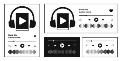 Audiobook app template with progress slider bar, equalizer sound wave and buttons. Interface of audio player for book listening. Ebook or podcast audioplayer widgets. graphic illustration vector