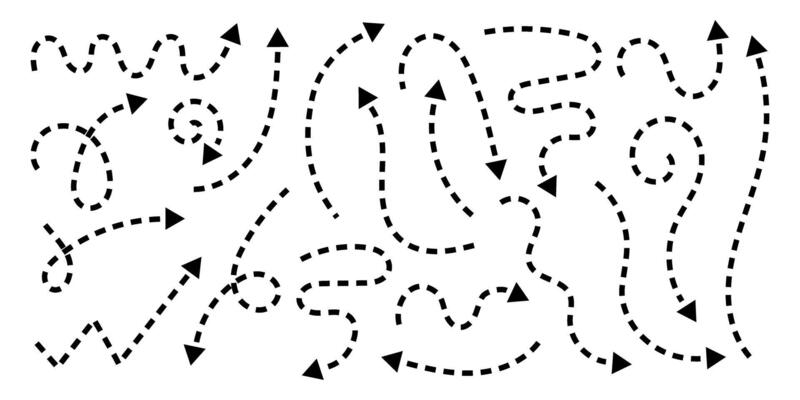 Set of black handdrawn arrows with dotted lines. Collection of curved dashed pointers in doodle style. Direction, orientation or cursor signs isolated on white background. graphic illustration