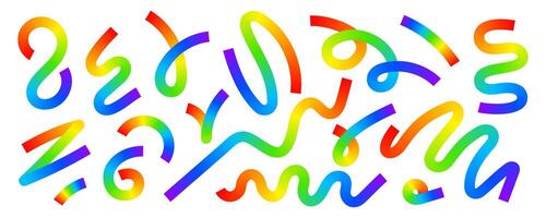 Set of rainbow colored squiggles. Cool multicolored stripes, spirals, loops and other curvy lines isolated on white background. Organic doodle figures with gradient effect. illustration vector