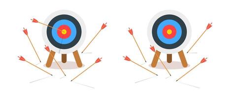Archery dartboards with arrows hitting and missing bullseye. Success or failure strategy symbols. Concept of achieving or failing goals. cartoon illustration vector