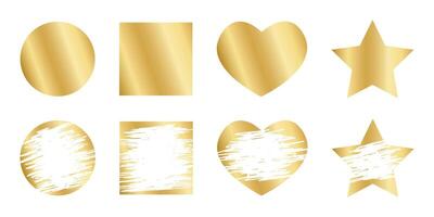 Gold round, square, heart and star scratch card shapes with new and scraped textures. Set of of winner lotteries, sale coupons, jackpot scratchcard templates. illustration vector