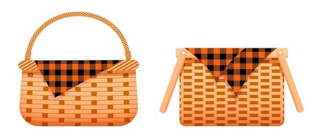 Empty wicker picnic baskets with cotton or linen napkins with checkered orange and black print. Handmade woven willow hampers for fall time isolated on white background. cartoon illustration vector