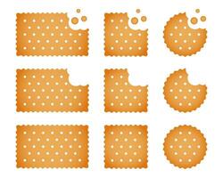 Set of whole and bitten crackers. Sweet or salty biscuit cookies in round, square and rectangle shapes. Popular crunchy snacks isolated on white background. cartoon illustration vector