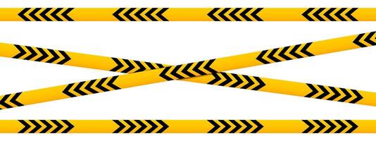 Horizontal and crossed caution tapes with black and yellow chevron print. Barriers in quarantine area, construction work zone or crime scene. Warning, restricted or closed signs. illustration vector
