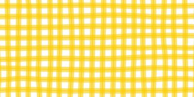 Checkered gingham or vichy pattern in doodle style. Picnic plaid, tablecloth or napkin texture in freehand technique. Yellow crossed uneven lines. Minimalistic aesthetic print. illustration vector