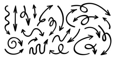 Set of black arrow icons with curvy, wavy, swirl and loop path lines in doodle style. Orientation or direction signs painted by pen or brush isolated on white background. graphic illustration vector
