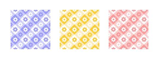 Set of checkered pattern samples with flowers. Textures for spring or summer picnic plaid, table cloth, napkin or blanket. Fabric backgrounds with cute gingham print. flat illustration vector