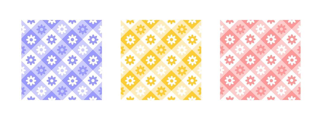 Set of checkered pattern samples with flowers. Textures for spring or summer picnic plaid, table cloth, napkin or blanket. Fabric backgrounds with cute gingham print. flat illustration