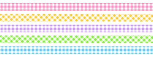 Set of textile tapes with checkered pattern. Cute colorful ribbons with gingham or vichy print isolated on white background. Pieces of fabric with a plaid print. flat illustration vector