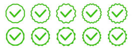 Set of tick icons. Green checkmark signs in round wavy shapes. Yes, ok or done buttons. Best choice, original, certificate or verification symbols isolated on white background. illustration vector
