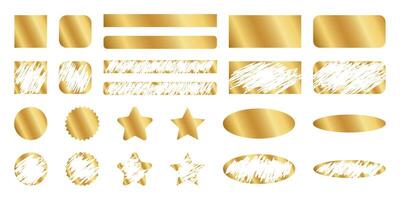 Set of golden scratchcard surfaces in square and circle, rectangle and oval, star forms with new and scraped textures. Raffle, sale coupon or promo code card templates. illustration vector