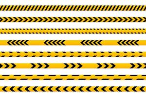 Set of different caution barricade tapes with black and yellow print. Barriers in quarantine site, construction work area or crime scene. Restricted, warn or forbidden signs. flat illustration vector