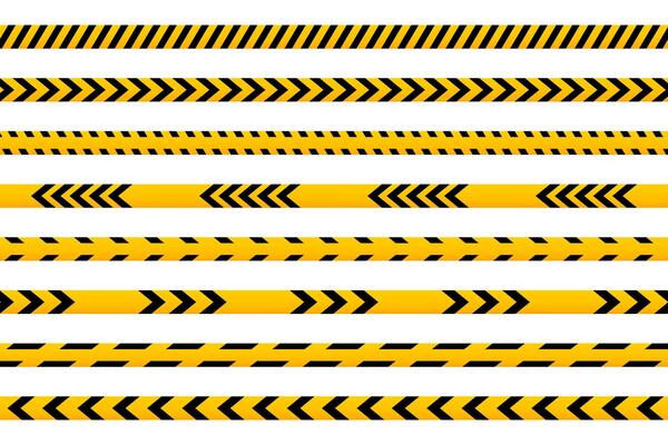 Set of different caution barricade tapes with black and yellow print. Barriers in quarantine site, construction work area or crime scene. Restricted, warn or forbidden signs. flat illustration