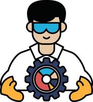 A man in a lab coat holding a gear with a smile on his face vector