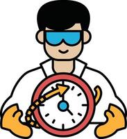 A man in a lab coat holding a clock with a red arrow pointing to the right vector