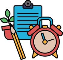 A red clock with a pencil and a piece of paper on a table vector