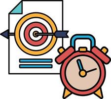A red and yellow clock with a blue arrow pointing to the right vector