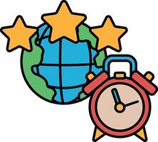 A cartoonish drawing of a globe with three stars and a red clock vector