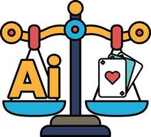 A scale with the word AI on one side and a deck of cards on the other vector