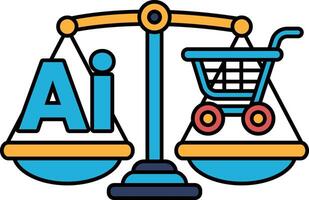 A scale with a shopping cart on one side and the word AI on the other vector
