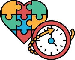 A puzzle piece heart and a clock with the hands on the number 3 and 9 vector