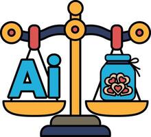 A scale with the letters AI on one side and a jar of hearts on the other vector