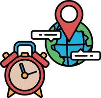 A clock and a globe with a red dot on it vector