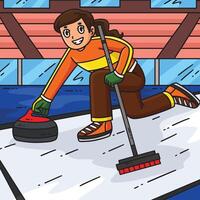 Girl curling with a stone on ice vector