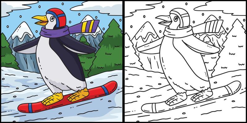 Snowboarding Penguin Coloring Page Illustration