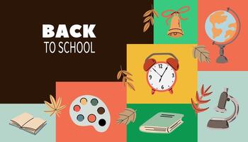 Colorful illustrated Back to School poster with cute hand drawn school supply cartoon objects, including book, notebook, a bell, a microscope, an alarm clock and a palette with paints. vector