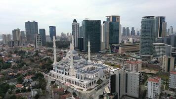Aerial panoramic view of Barbaros Hayrettin Pasha Mosque, Levent district, Istanbul, Turkey video