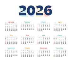 2026 colorful annual calendar template for a printable design. 2026 New Year Calendar vector