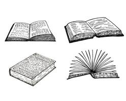 Books hand drawn set. Opened and closed books isolated on white background. sketch icons of literature for library, store, university or school vector