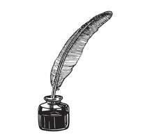 monochrome hand drawing of ancient pen and inkwell. Feather and inkwell sketch vector