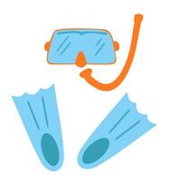 Snorkel, flippers isolated on white background. Bright summer set diving mask, snorkel and pair of flippers vector
