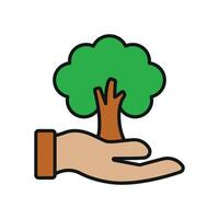 Tree growing from a hand in soft green and brown tones creates a warm and peaceful icon. vector