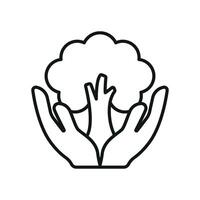 Hand holding a sprouting tree in line style forms a hopeful and nurturing nature icon. vector