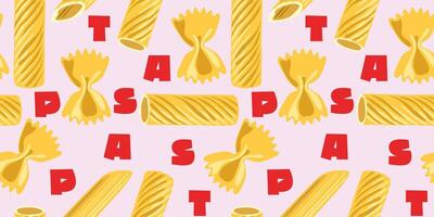 Modern abstract pasta seamless pattern. Hand drawn food print design for fabric, textile, wallpaper, food package design. Different shapes of Italian pasta and red text vector