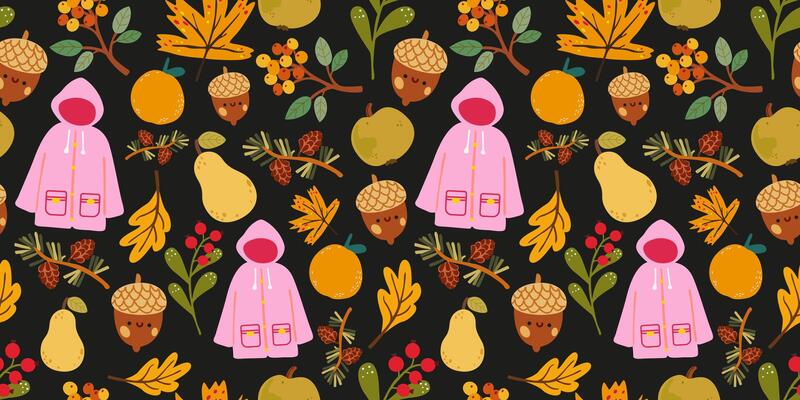 Simple abstract autumn seamless pattern with leaves, raincoat, oak, acorn, viburnum, autumn fruits. Cozy fall vibe background for print, fabric, textile, wallpaper. cute illustration
