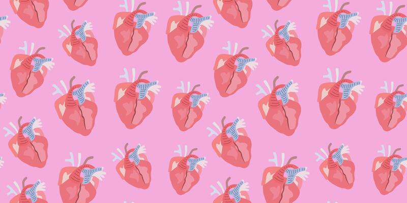 Seamless pattern with cartoon flat human internal organs. Human heart. Inner body parts. background for wrapping and gift paper, print, textile, wallpaper