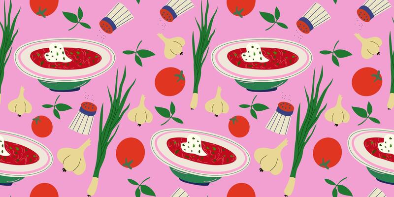 Seamless pattern with traditional Ukrainian food. Bright cartoon flat background with tasty national borsch with sour cream, green onion, tomato, garlic, salt. For print, textile, fabric, packaging