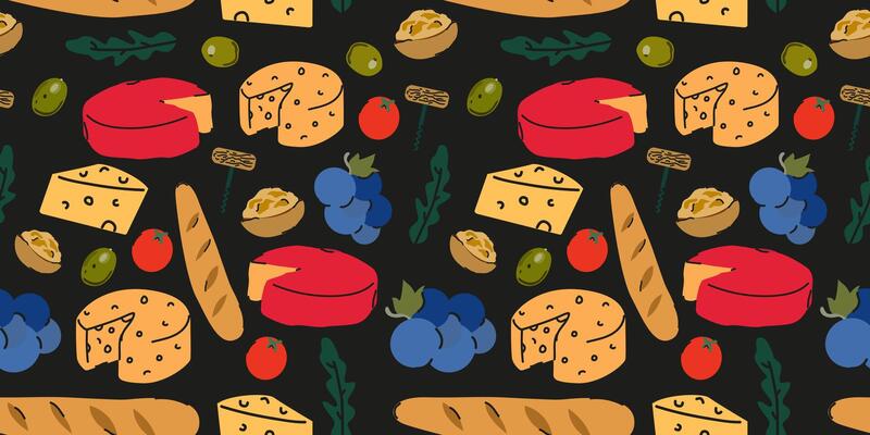 Retro abstract cheese seamless pattern in hand drawn doodle vintage style. Edam, gouda, cheddar, parmesan cheese, baguette, grape, olives. Food pattern for print, textile, package, wallpaper