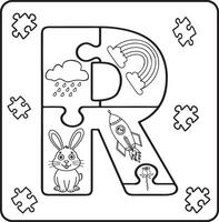 Letter R Puzzle Alphabet with Objects kids coloring books for kids vector