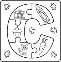 Letter C Puzzle Alphabet with Objects kids coloring books for kids vector
