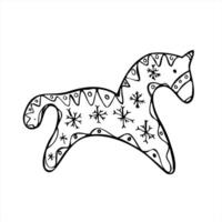 Scandinavian style wooden toy horse with traditional patterns black and white illustration. Home kid decor for Christmas tree decoration, Nordic holiday branding, nostalgic festive design vector