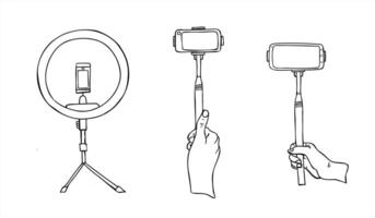 Ring light and hands holding smartphone on monopod illustration painted by black inks. portable tools set for content creator, photography equipment guide, social media marketing visual. vector
